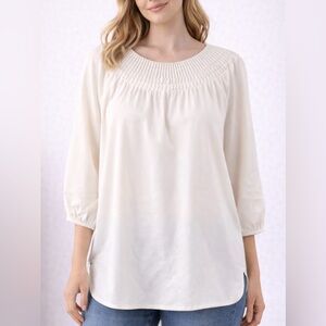 Lafayette 148 Ivory Pleated Neck Blouse XL Elegant 3/4 Sleeve